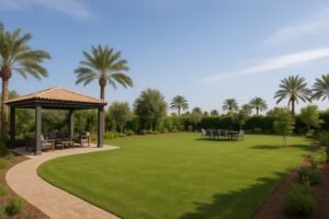 حديقة واسعة في الوفرة بجلسة عائلية ونخيل