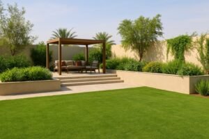 جلسة مرتفعة تطل على مسطح عشبي في حديقة بالوفرة