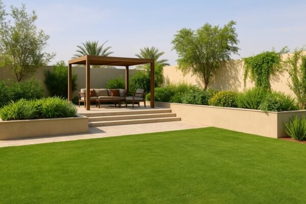 جلسة مرتفعة تطل على مسطح عشبي في حديقة بالوفرة