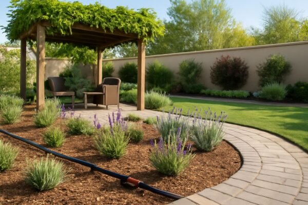 حديقة تحتوي على مظلة نباتية ونظام ري ذكي