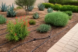 ديقة مع نباتات محلية وأنظمة ري بالتنقيط