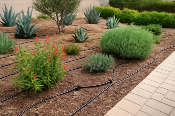 ديقة مع نباتات محلية وأنظمة ري بالتنقيط