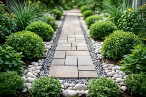 ممر حديقة محاط بالحصى والشجيرات