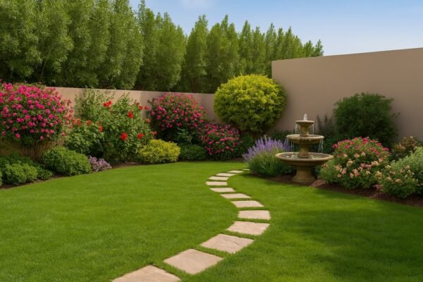 حديقة منزلية بالقادسية بثيل أخضر ومسار حجري ونافورة