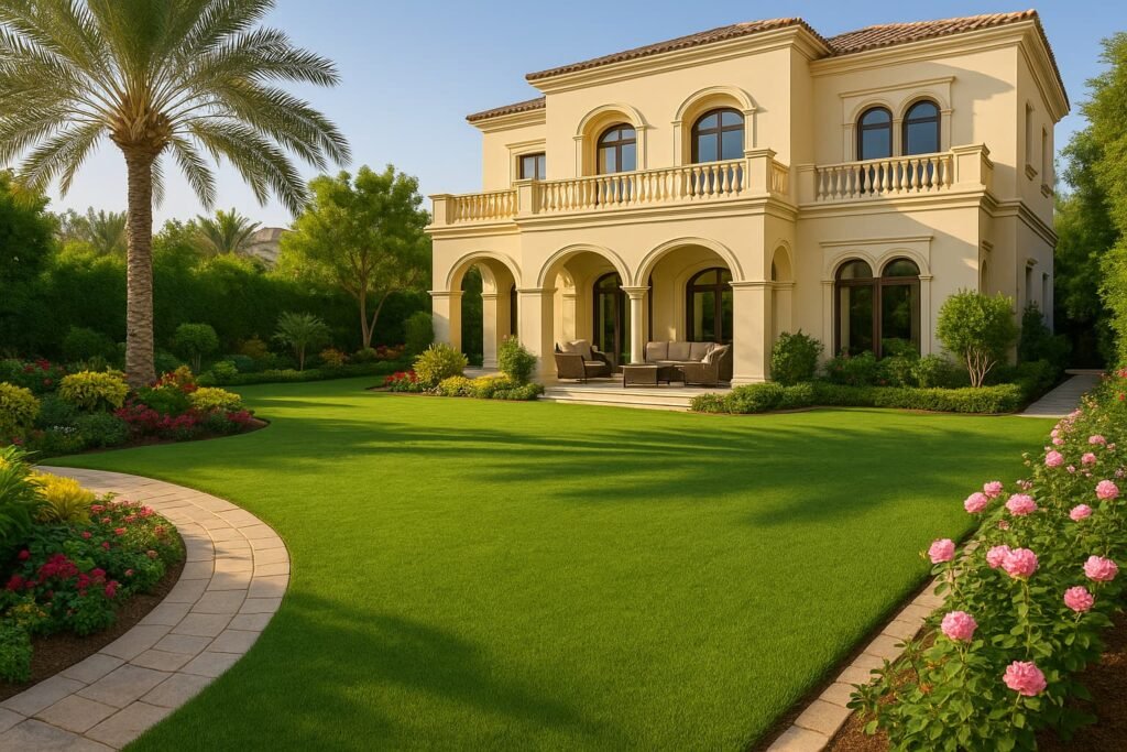 تنسيق حدائق الروضة حديقة فيلا فاخرة بمسطح عشبي واسع
