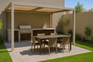 ركن شواء ومطبخ خارجي في حديقة منزلية بالروضة