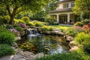 بركة مائية صغيرة في حديقة منزلية، محاطة بنباتات زينة وأشجار