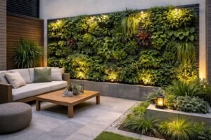 جدار نباتي عمودي أخضر بإضاءة جانبية داخل فناء حضري