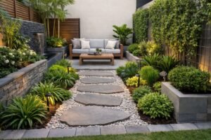 حديقة منزلية حضرية صغيرة بممر حجر طبيعي