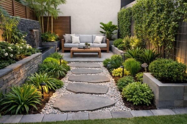 حديقة منزلية حضرية صغيرة بممر حجر طبيعي