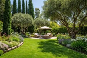 حديقة منزلية بأشجار دائمة الخضرة توفر الظل