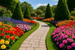 حديقة بممرات حجرية وأحواض زهور ملونة