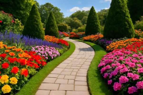 حديقة بممرات حجرية وأحواض زهور ملونة