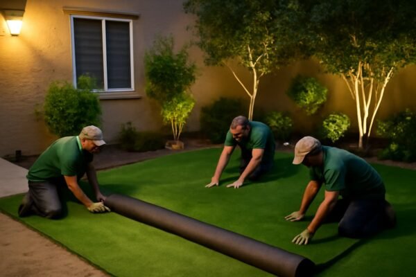 فريق العمل أثناء تركيب الثيل الصناعي في حديقة مع أضواء خارجية مميزة.