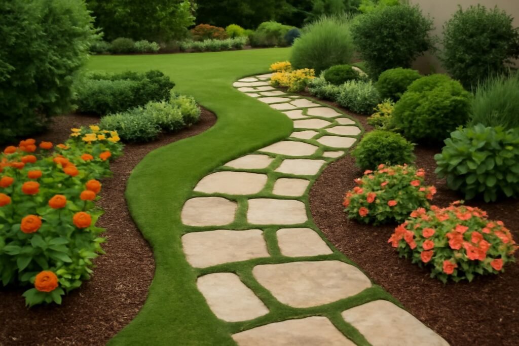 تنسيق حدائق الفنطاس تصميم حديقة مع مسارات حجرية وأحواض نباتات متنوعة.