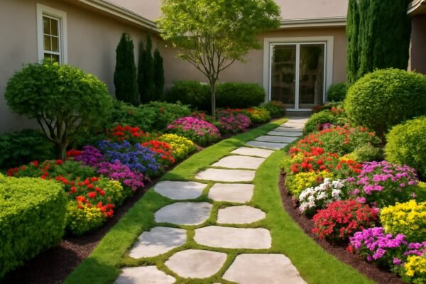 حديقة منزلية أنيقة مع مسارات حجرية ونباتات موسمية ملونة