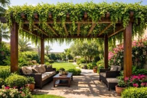 برجولة في حديقة بالكويت مغطاة بنبات متسلق أخضر