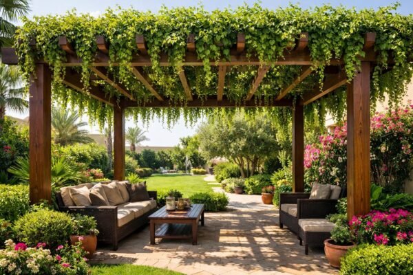 برجولة في حديقة بالكويت مغطاة بنبات متسلق أخضر