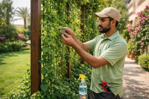 عامل حدائق يفحص أوراق نبات متسلق على تعريشة في حديقة كويتية