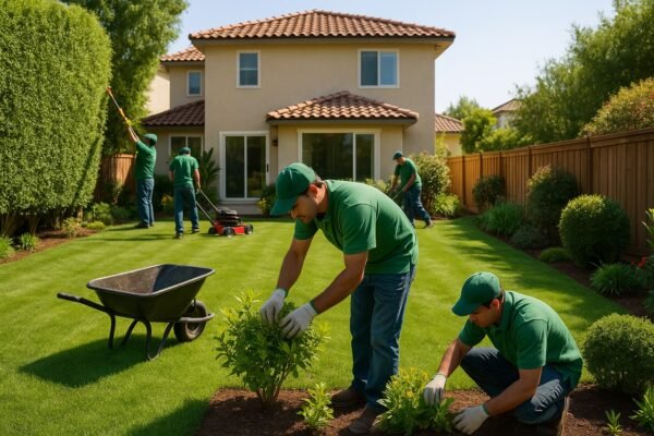 صيانة حديقة منزلية في الكويت بواسطة فريق متخصص يعمل على العشب والنباتات
