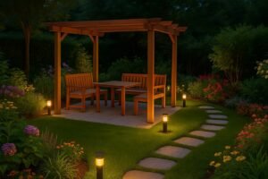 جلسة خارجية خشبية داخل حديقة مضاءة بممرات حجرية في أجواء مسائية هادئة