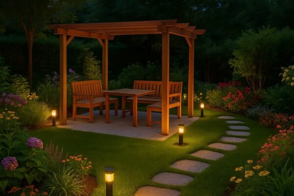 جلسة خارجية خشبية داخل حديقة مضاءة بممرات حجرية في أجواء مسائية هادئة