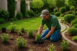 فني زراعة يقوم بزراعة شتلة جديدة داخل حديقة منزلية مجهزة بممرات حجرية