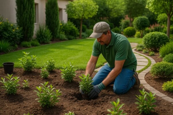 فني زراعة يقوم بزراعة شتلة جديدة داخل حديقة منزلية مجهزة بممرات حجرية