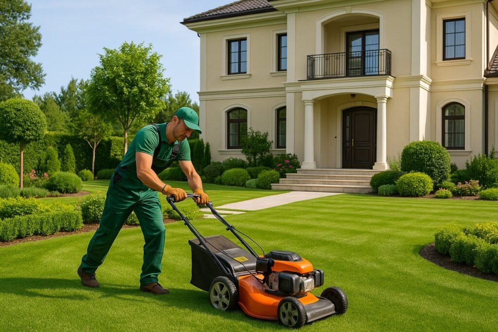 صيانة حدائق بالكويت فني يقوم بقص العشب وصيانة المسطح الأخضر أمام فيلّا