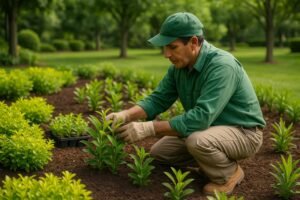 فني زراعة يقوم بالعناية بالنباتات في حديقة منزلية بالكويت