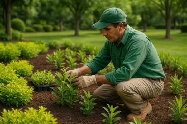 فني زراعة يقوم بالعناية بالنباتات في حديقة منزلية بالكويت