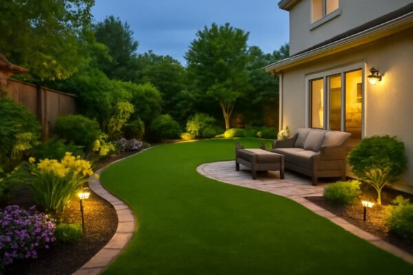 حديقة منزلية مع أثاث خارجي وإضاءة ليلية