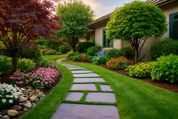 حديقة منزلية مع ممرات حجرية مزخرفة ونباتات متنوعة وأشجار مزهرة