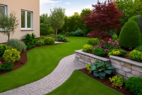 حديقة منزلية منسقة بشكل حديث مع ممرات حجرية ونباتات متنوعة