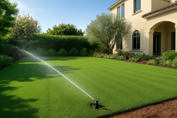 نظام ري حديث داخل حديقة كبيرة مع ثيل صناعي وشبكة ري