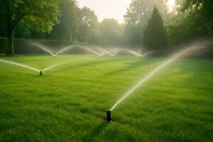 رشاشات ري تعمل في الصباح الباكر داخل حديقة بثيل طبيعي