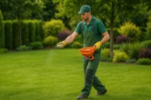 فني يقوم بتسميد الثيل الطبيعي في الحديقة