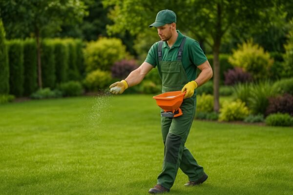 فني يقوم بتسميد الثيل الطبيعي في الحديقة