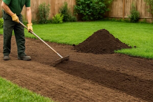 تجهيز التربة قبل تركيب الثيل الطبيعي في حديقة