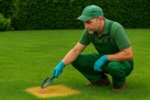 فني يقوم بتسميد الثيل الطبيعي في الحديقة