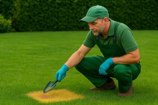 فني يقوم بتسميد الثيل الطبيعي في الحديقة