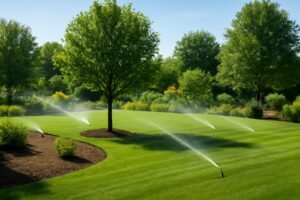 حديقة تم تركيب شبكة ري موفرة للمياه فيها مع أشجار خضراء صحية