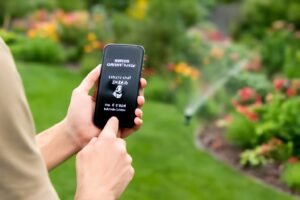 شخص يتحكم في نظام الري الذكي عبر تطبيق على الهاتف المحمول