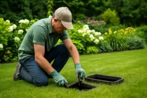 فني يقوم بصيانة شبكات ري الحدائق داخل حديقة جميلة