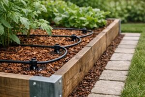 ري بالتنقيط داخل أحواض مرتفعة مع طبقة ملش وممر جانبي نظيف