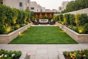 ثيل أخضر وممر حجري وأحواض مرتفعة وجلسة بخصوصية نباتية