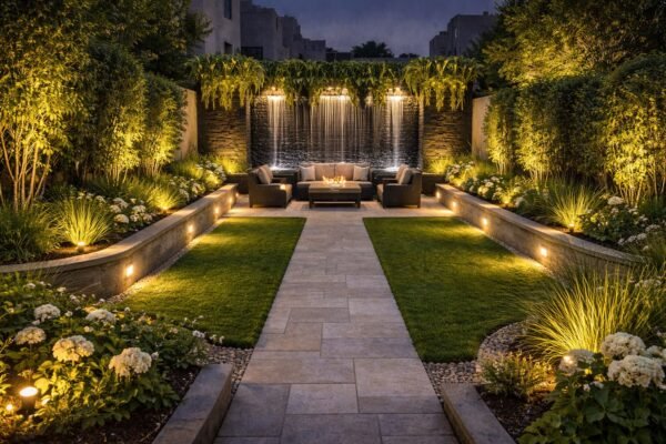 حديقة منزلية ليلية منسقة مع ممر حجري وجلسة خارجية وشلال جداري وإضاءة دافئة