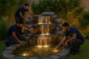 فريق فني كويتي يختبر تدفق المياه في شلال صناعي داخل حديقة منزلية راقية بالكويت