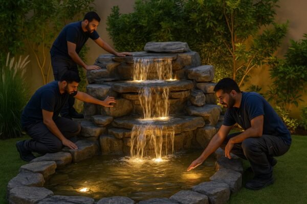 فريق فني كويتي يختبر تدفق المياه في شلال صناعي داخل حديقة منزلية راقية بالكويت