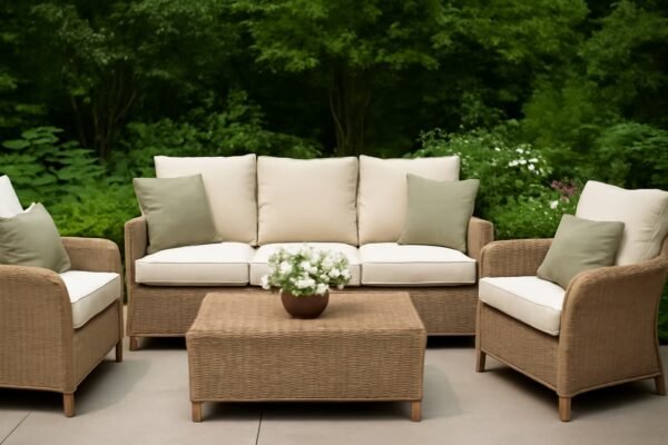 جلسات حدائق خارجية بأثاث من الخيزران مع زهور مزدهرة